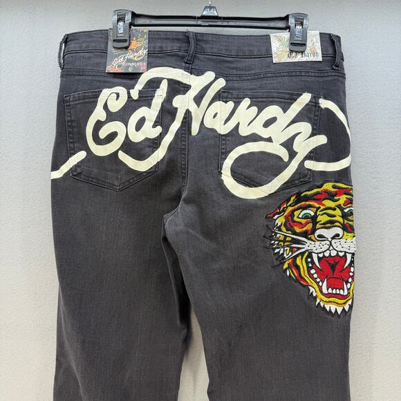 Ed Hardy Denim - Ed Hardy Jeans Women's 32 (14) Black Embroidered Tiger Slim Flare Y2K Streetwear
